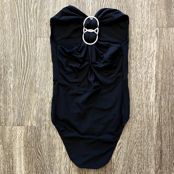 EUC Maje Black Bodysuit Size 1/ Small Silver Ring Hardware Criss Cross Back Chic - Picture 1 of 14